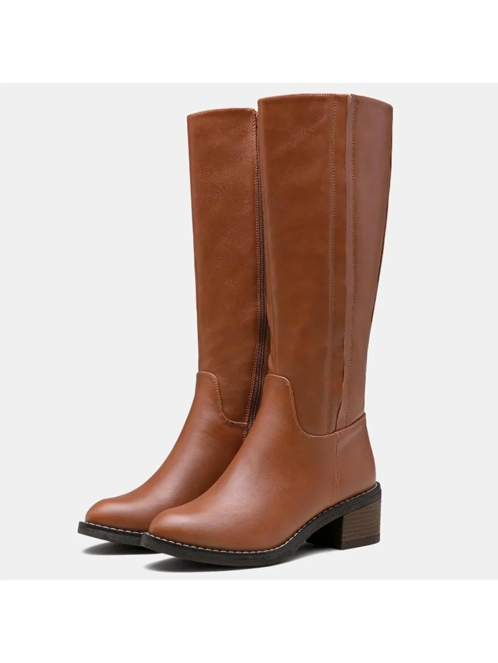 Women's Brown Low Block Heel Square Toe Side Zipper Imported Knee High Boots